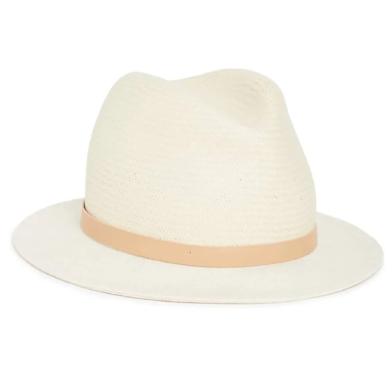 Fedorah Brim Leather Trim Straw Hat In Ivory