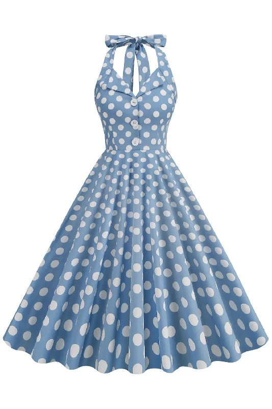 Hepburn Style Polka Dots Blue 1950s Dress