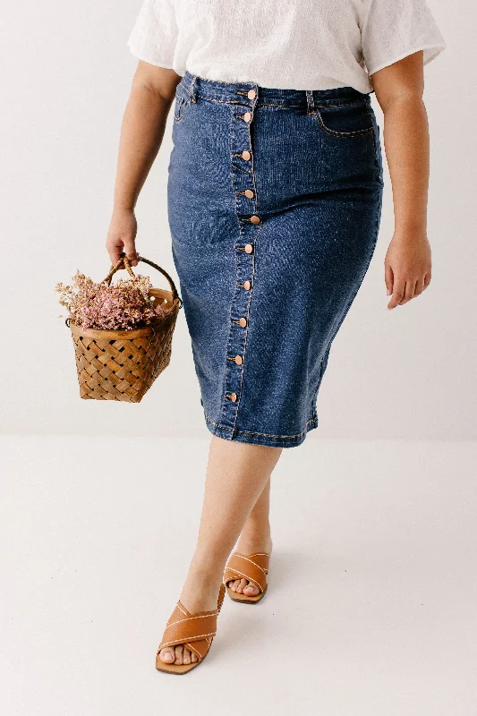 'Leanne' Button Down Denim Midi Skirt in Dark Wash FINAL SALE