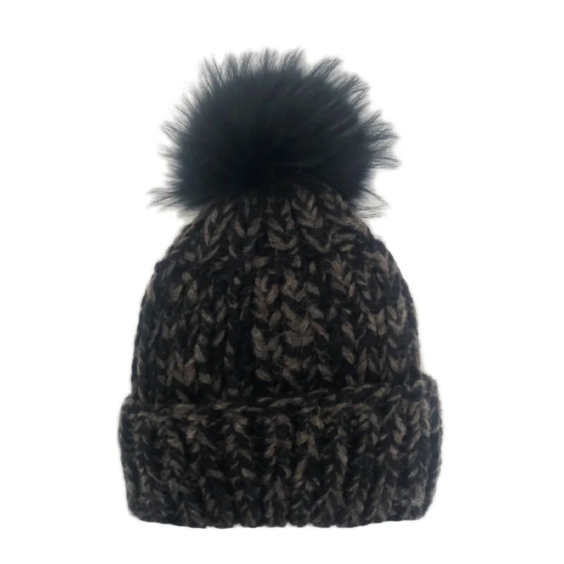 Women's Hand-Knit Alpaca Capa Pom Hat In Marled Black/grey