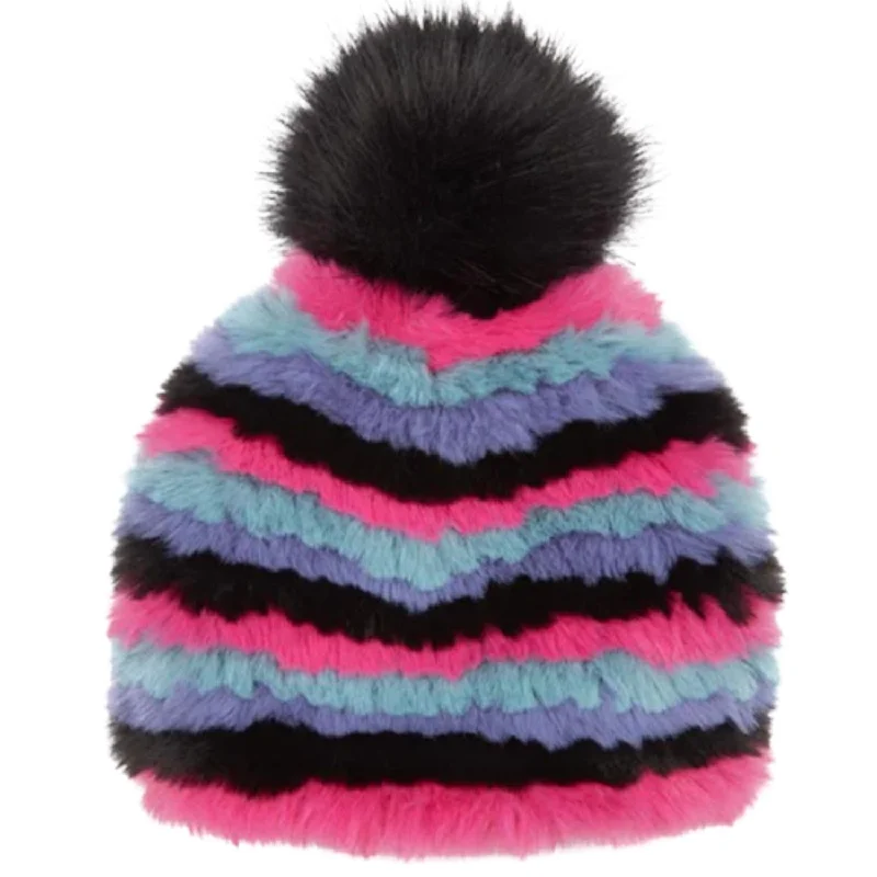 Women's Snow Striped Faux Fur Fully Knitted Hat In Pink Multi