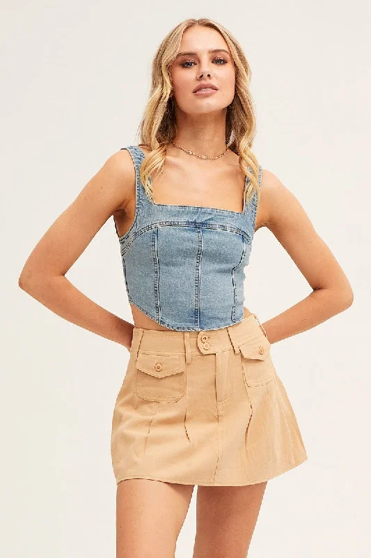 Blue Corset Top Sleeveless Crop Stretch Denim