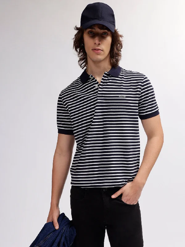 Gant Men Navy Blue Striped Polo Collar Short Sleeves T-shirt