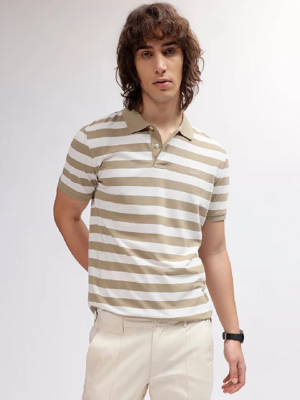 Gant Men Khaki Striped Polo Collar Short Sleeves T-shirt