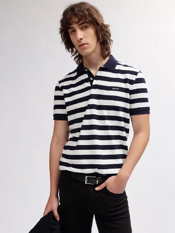 Gant Men Navy Blue Striped Polo Collar Regular fit Short Sleeves T-shirt