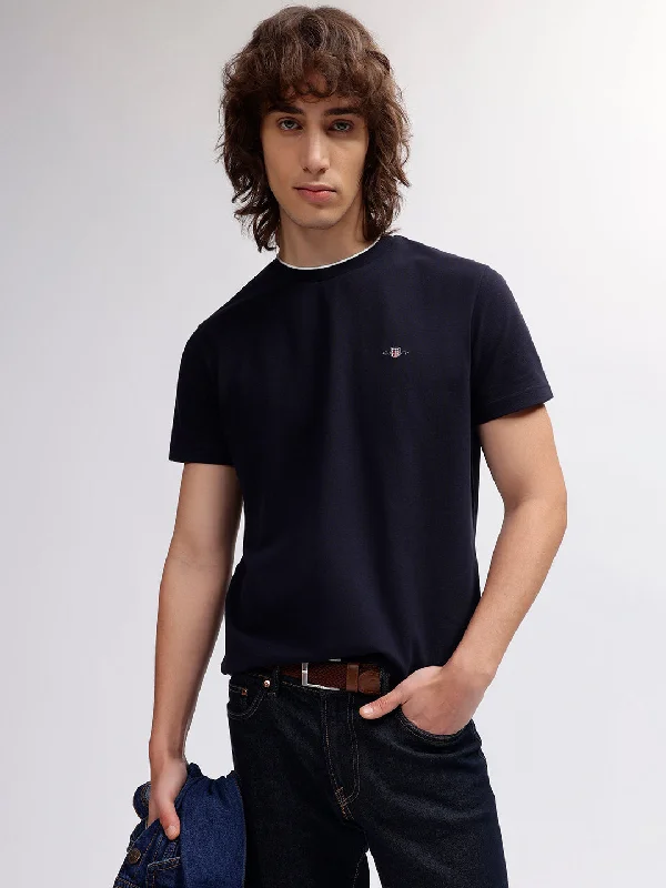 Gant Men Navy Blue Solid Round Neck Short Sleeves T-shirt