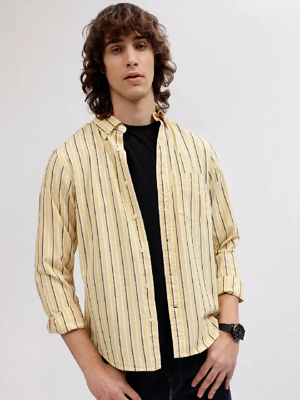 Gant Men Yellow Striped Button Down Collar Full Sleeves Shirt