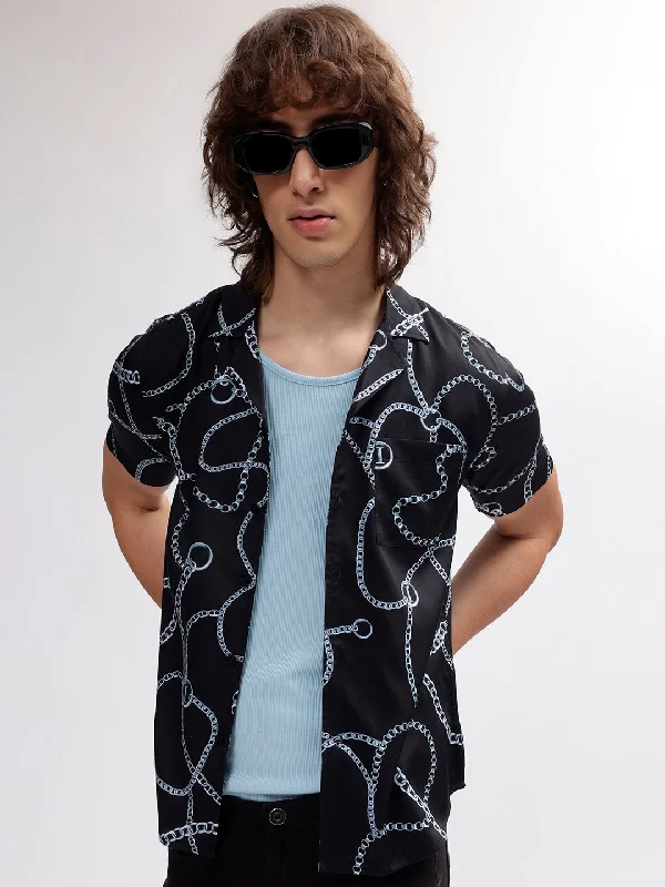 Iconic Men Black Printed Resort Collar Short Sleeves Shirt