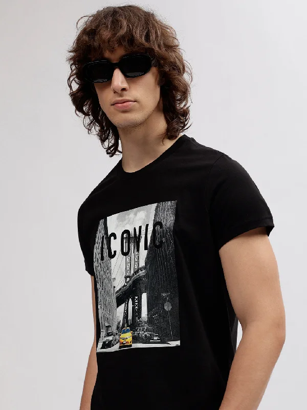 Iconic Men Black Printed Round Neck Short Sleeves T-shirt