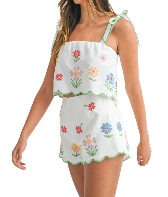 Birdie Embroidered Short And Top Set In White