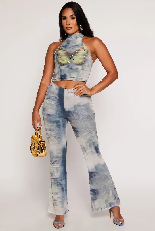 Almost Famous Tie Dye Mesh Graphic Crop Top and Pants