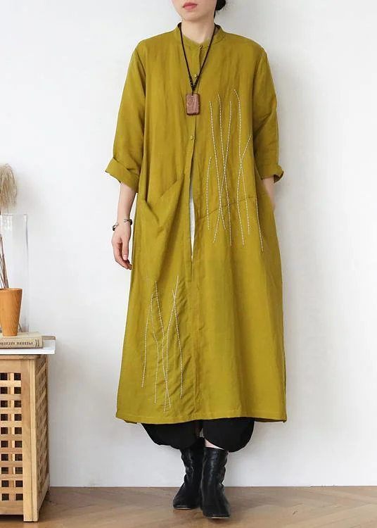 Plus Size Yellow Peter Pan Collar Linen Long Spring Coat