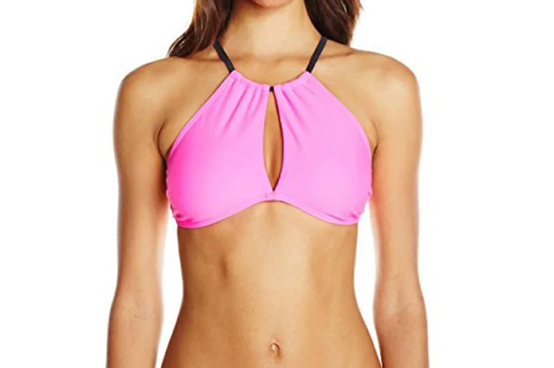 Swimwear Shocking High Neck Halter Black Strap Bikini Top In Pink