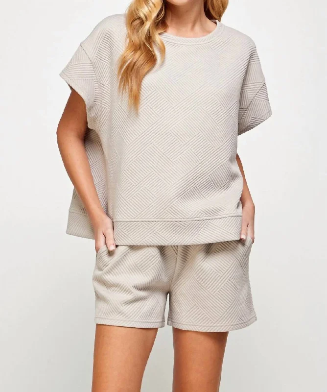 Textured Oversized Tee Short Set In Oatmeal