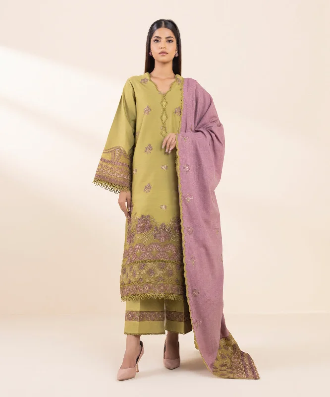 3 Piece - Embroidered Cotton Satin Suit