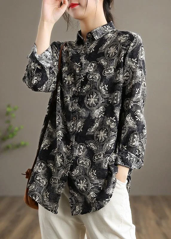 Unique Black Print Top Lapel Button Down Tunic Spring Tops