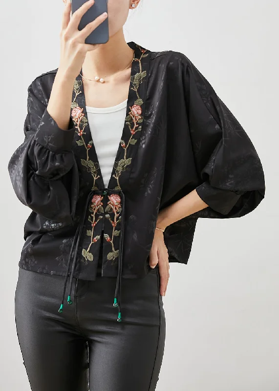 Vintage Black Embroideried Tasseled Silk Cardigan Spring