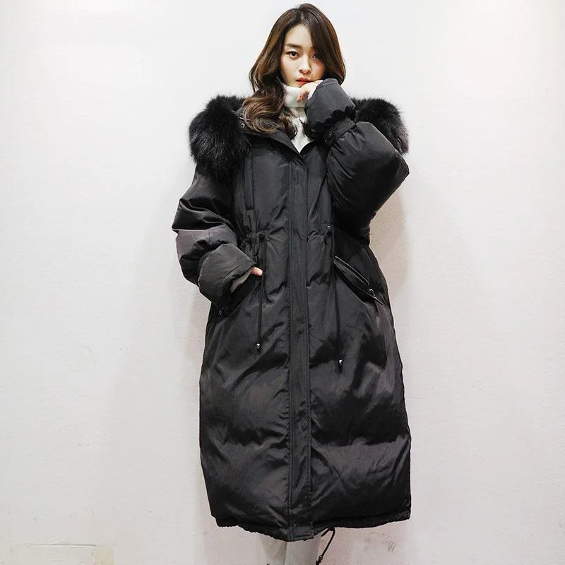 Women's Black Warm Winter Coat Plus Size Faux Fur Collar Hooded Women's Parka Tie Waist Overcoat